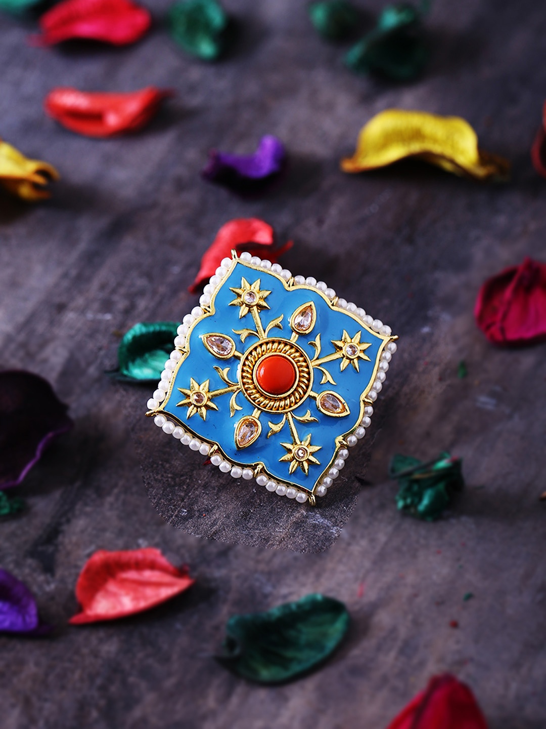 

Voylla Women Gold-Plated & Red Stone-Studded Adjustable Enamelled Finger Ring