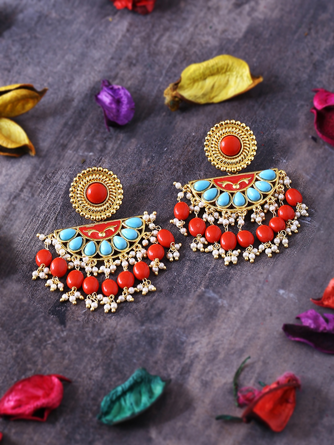 Voylla Gold-Plated & Red Classic Drop Earrings