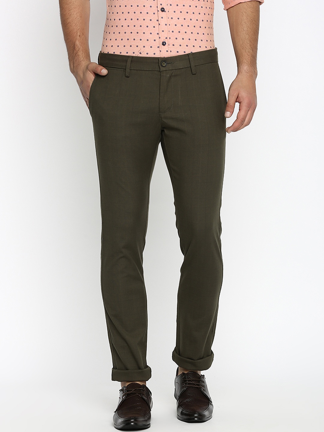 

Basics Men Olive Green Skinny Fit Checked Regular Trousers