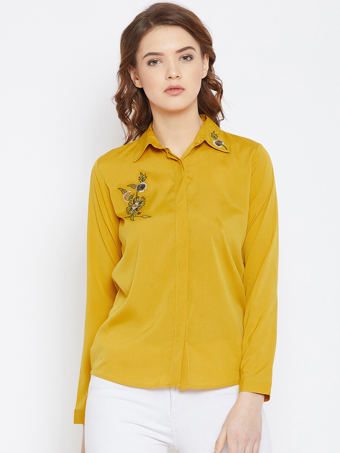 

PURYS Women Mustard Yellow Smart Regular Fit Embroidered Casual Shirt
