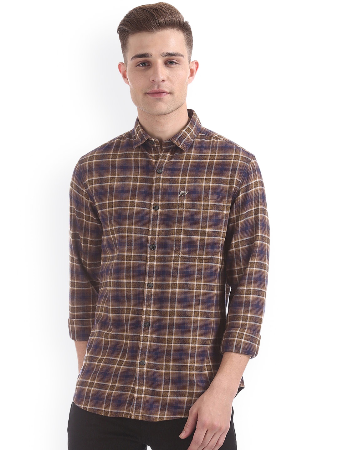 

Ed Hardy Men Brown & Blue Slim Fit Checked Casual Shirt
