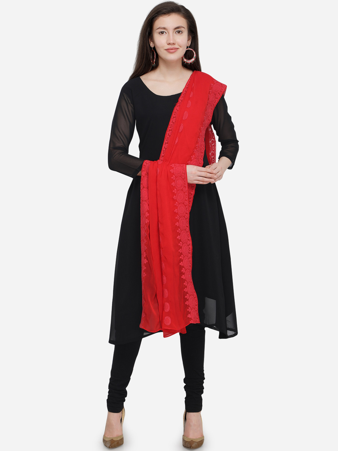 

mf Red Embroidered Dupatta