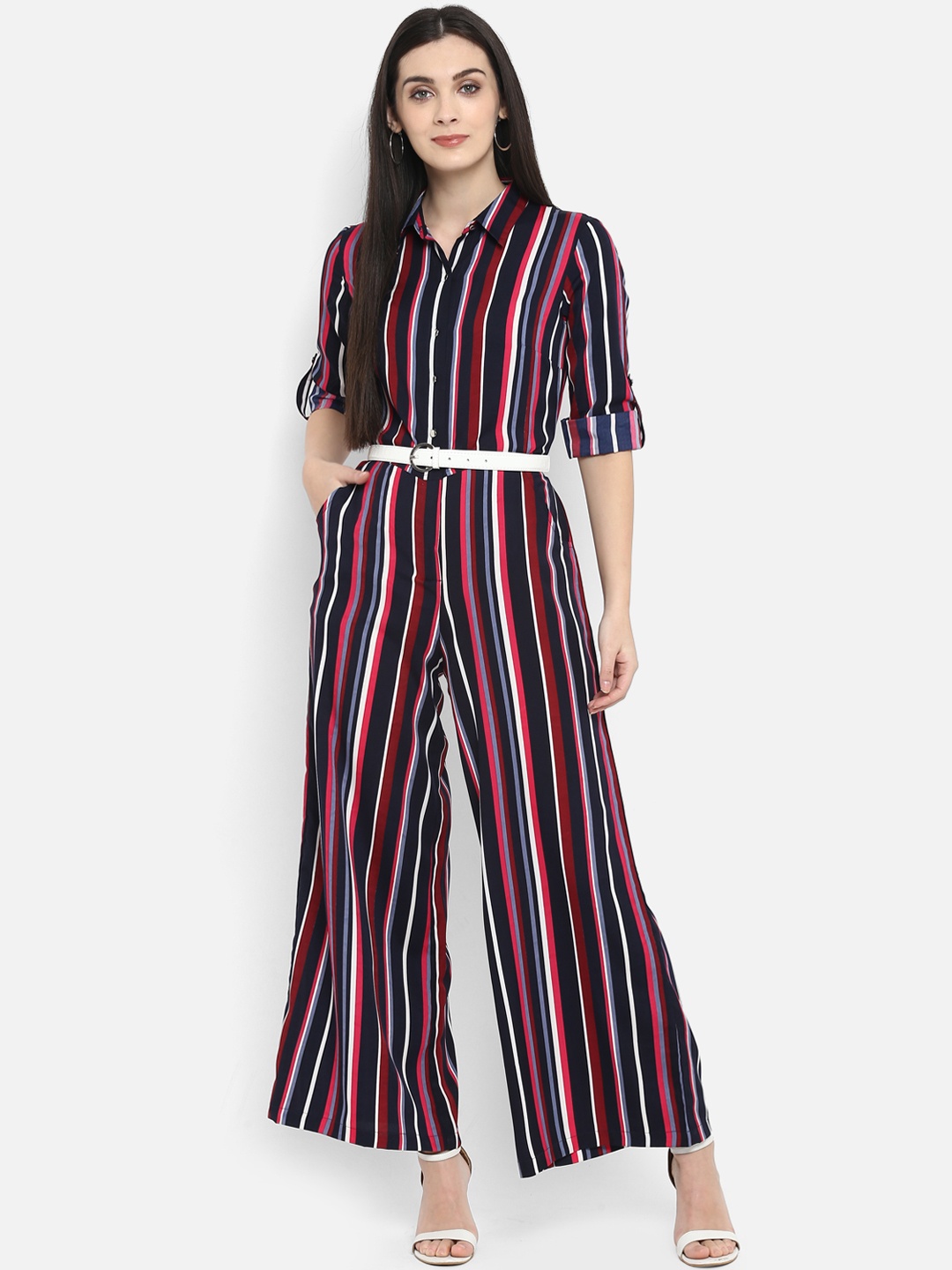 PURYS Navy Blue & Red Striped Basic Jumpsuit