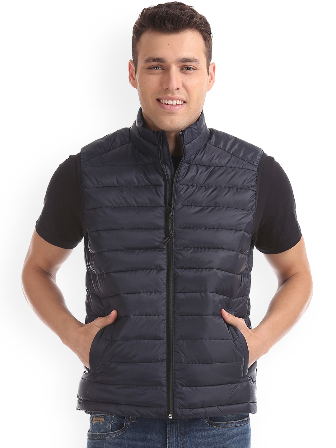

Aeropostale Men Navy Blue Self Design Puffer Jacket