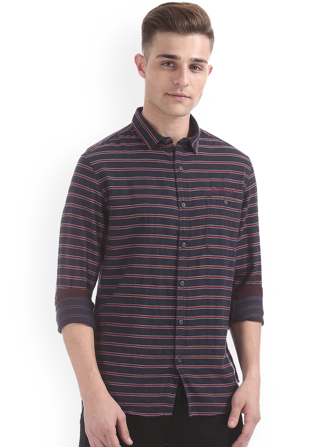 

Ed Hardy Men Blue & Red Slim Fit Striped Casual Shirt
