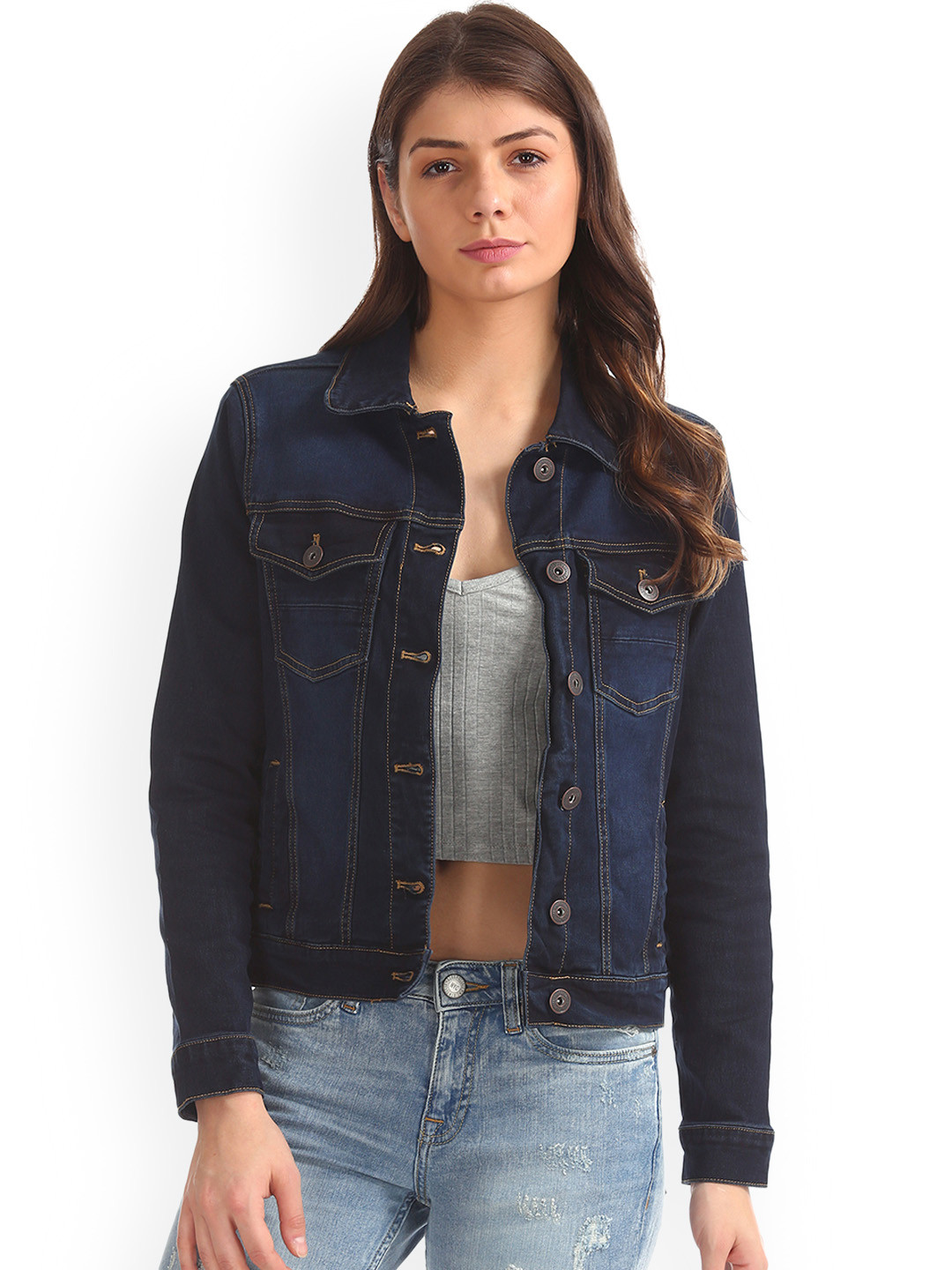 

Aeropostale Women Navy Blue Solid Denim Jacket