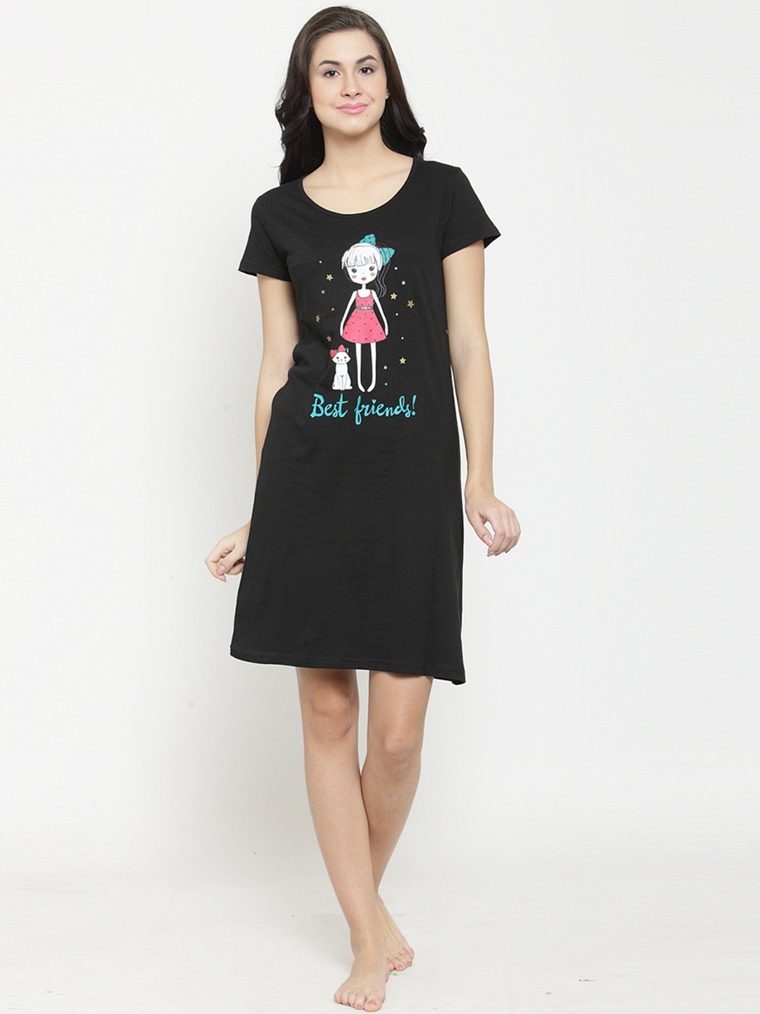 Slumber Jill Women Black Printed Sleep Shirt FS-002