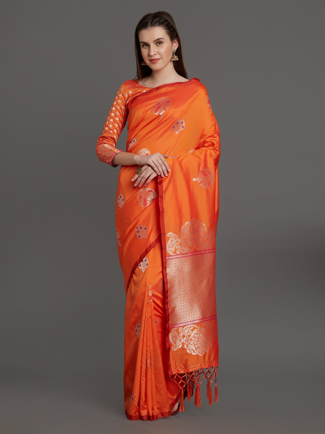 

Mitera Orange Silk Blend Woven Design Banarasi Saree
