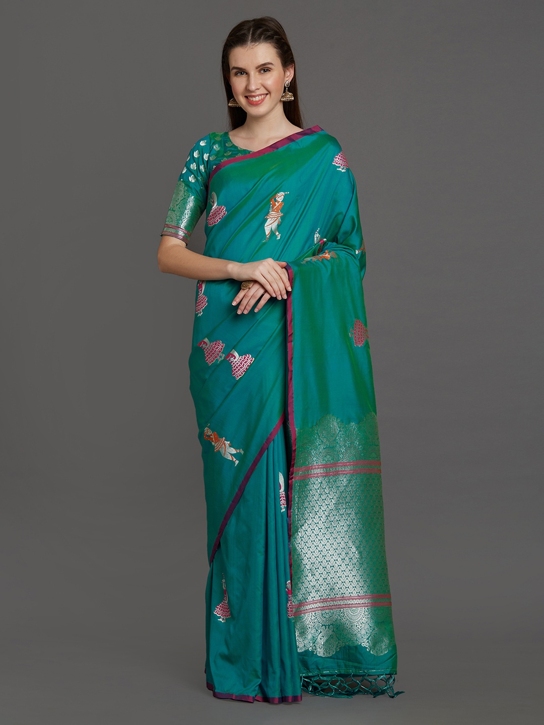 

Mitera Sea Green Silk Blend Solid Banarasi Saree