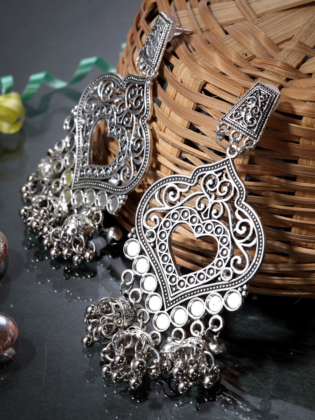 

Moedbuille Silver-Plated Heart Shaped Jhumkas
