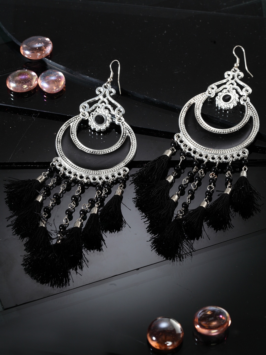 

Moedbuille Black & Silver-Plated Handcrafted Crescent Shaped Drop Earrings
