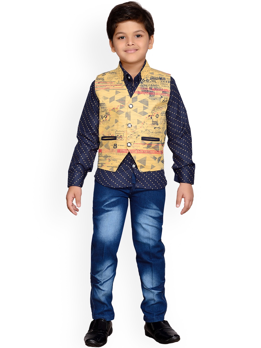 

Kidling Boys Navy Blue Shirt with Yellow Printed Vest & Jeans