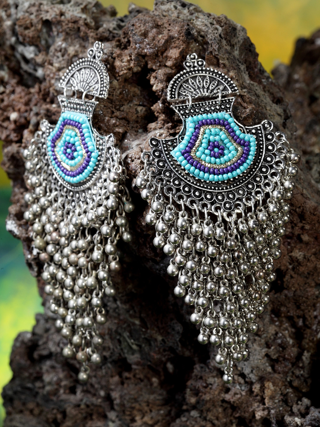 

Moedbuille Silver-Plated & Turquoise Blue Crescent Shaped Drop Earrings
