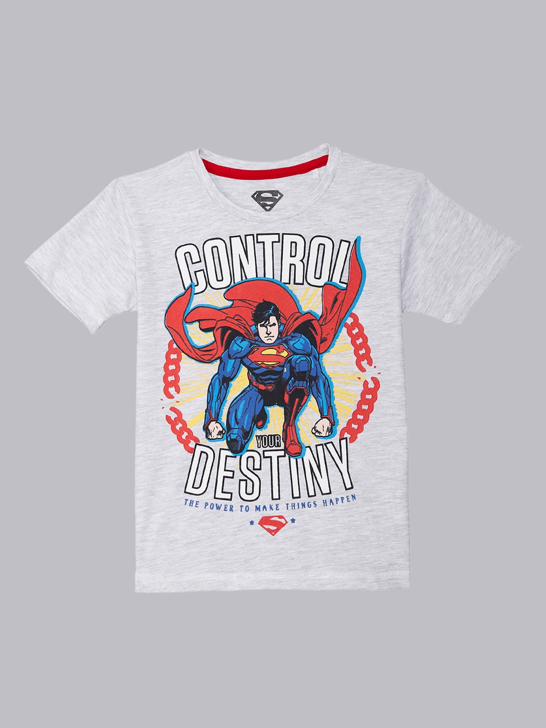 

Kids Ville Boys Navy Blue Superman Printed Round Neck T-shirt, Off white