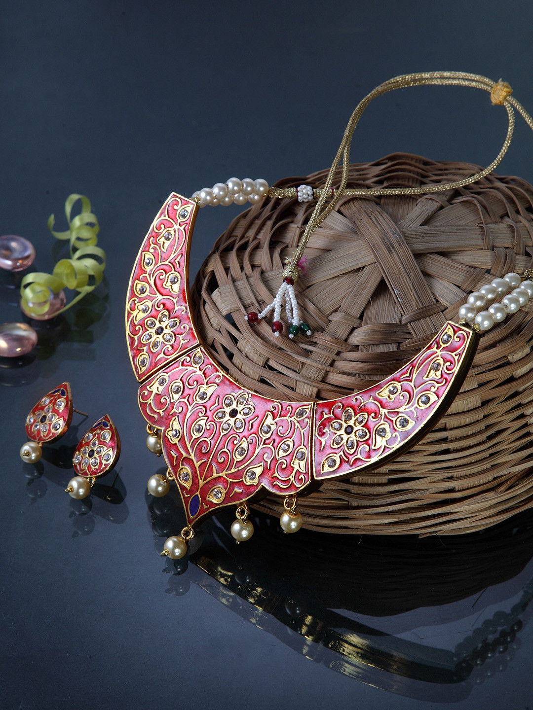 

Moedbuille Gold-Plated, Red & White Handcrafted Meenakari Desin & Kundan Jadau Jewellery Set