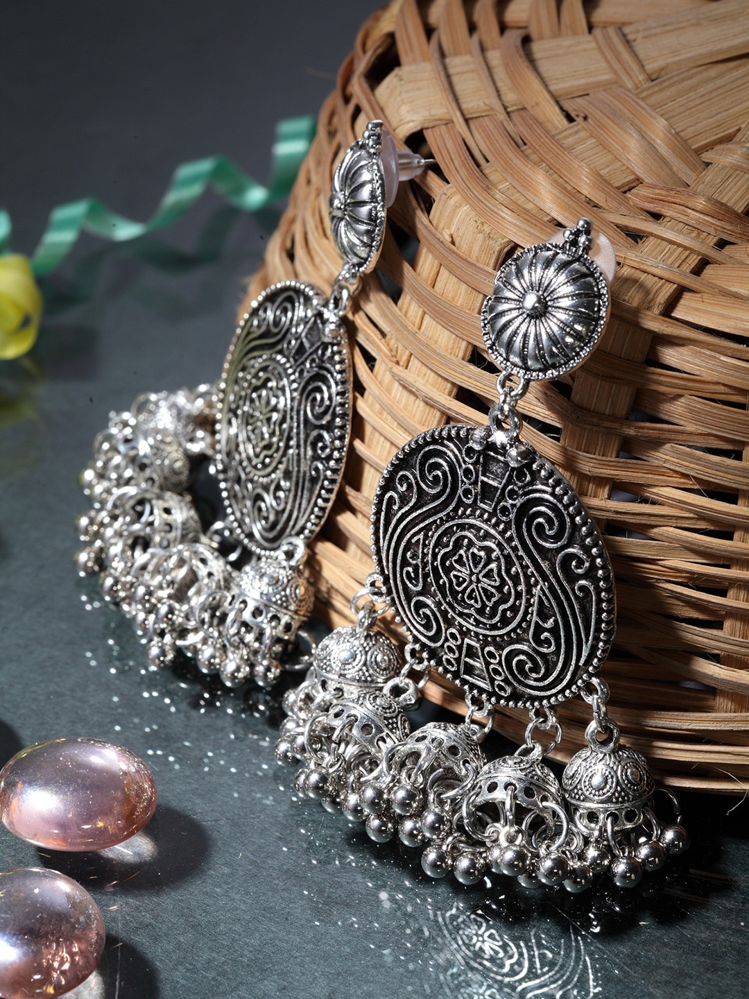 

Moedbuille Silver-Plated Oxidised Dome Shaped Drop Earrings
