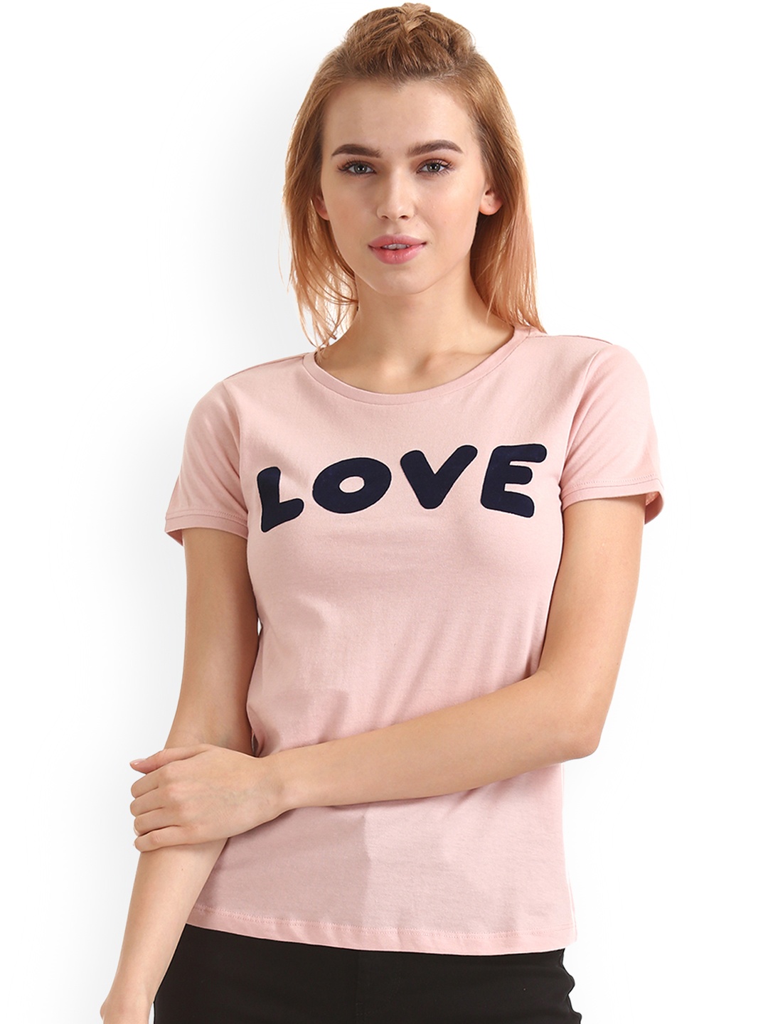 

Flying Machine Women Pink Printed Round Neck Pure Cotton T-shirt