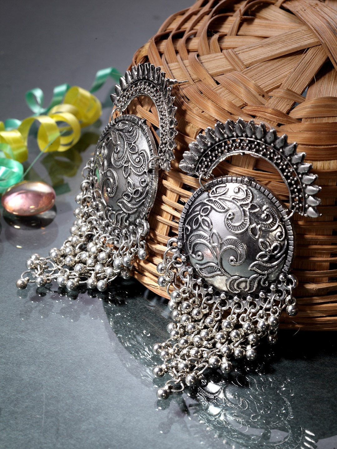 

Moedbuille Silver-Plated Oxidised Circular Drop Earrings