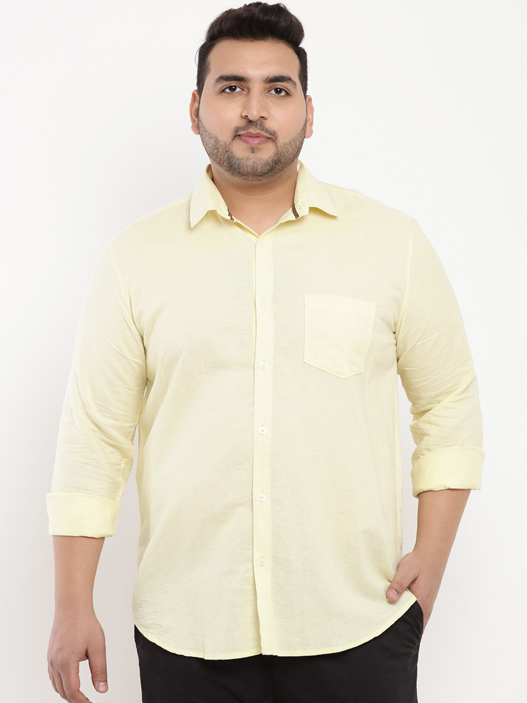 

John Pride Plus Size Men Yellow Regular Fit Solid Linen Casual Shirt