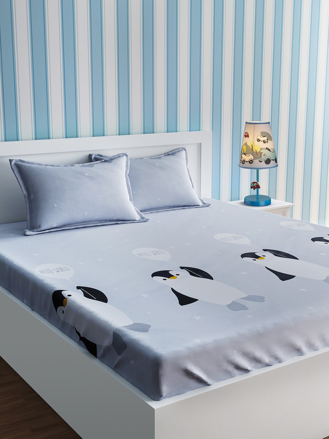 

URBAN DREAM Grey Cartoon Characters 210 TC Cotton 1 Queen Bedsheet with 2 Pillow Covers