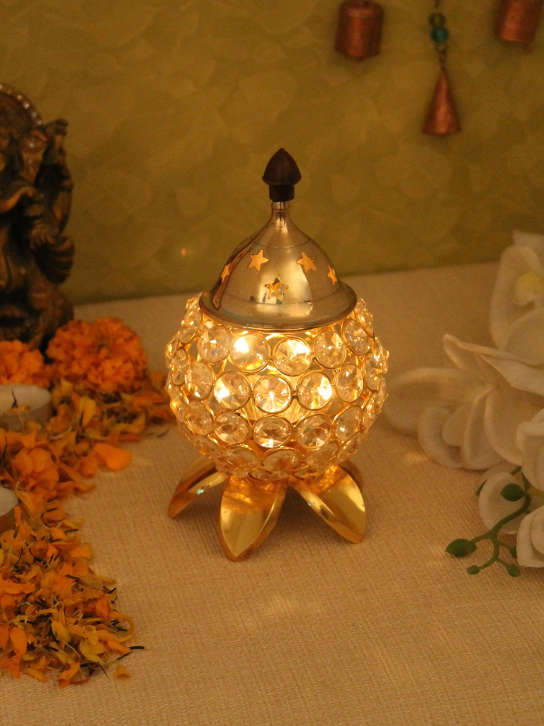 

Home Sparkle Gold-Toned Crystal Oil Lamp Showpiece