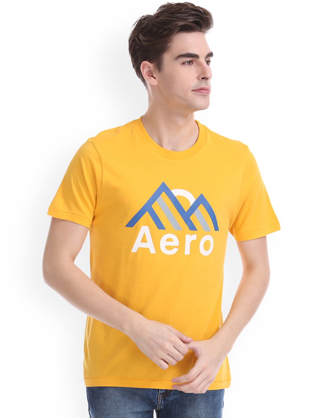 

Aeropostale Men Yellow Printed Round Neck Pure Cotton T-shirt