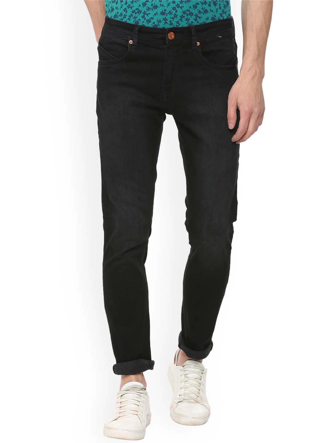 People Men Black Regular Fit Mid-Rise Clean Look Stretchable Jeans