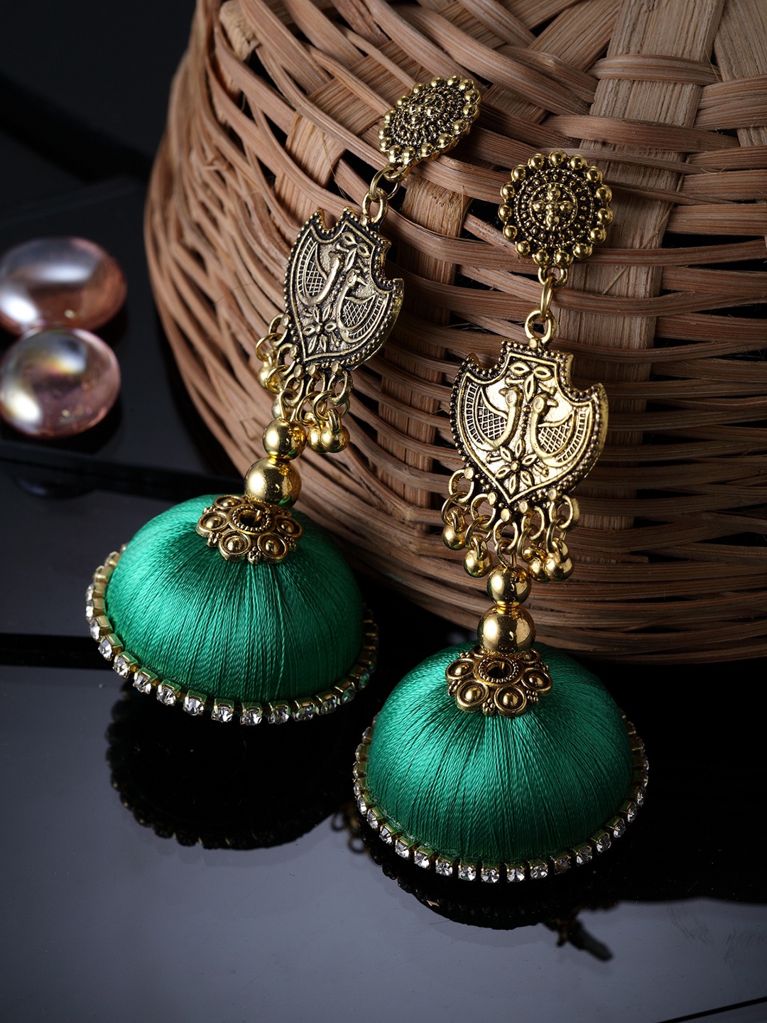 

Moedbuille Gold-Plated & Sea Green Handcrafted Dome Shaped Jhumkas