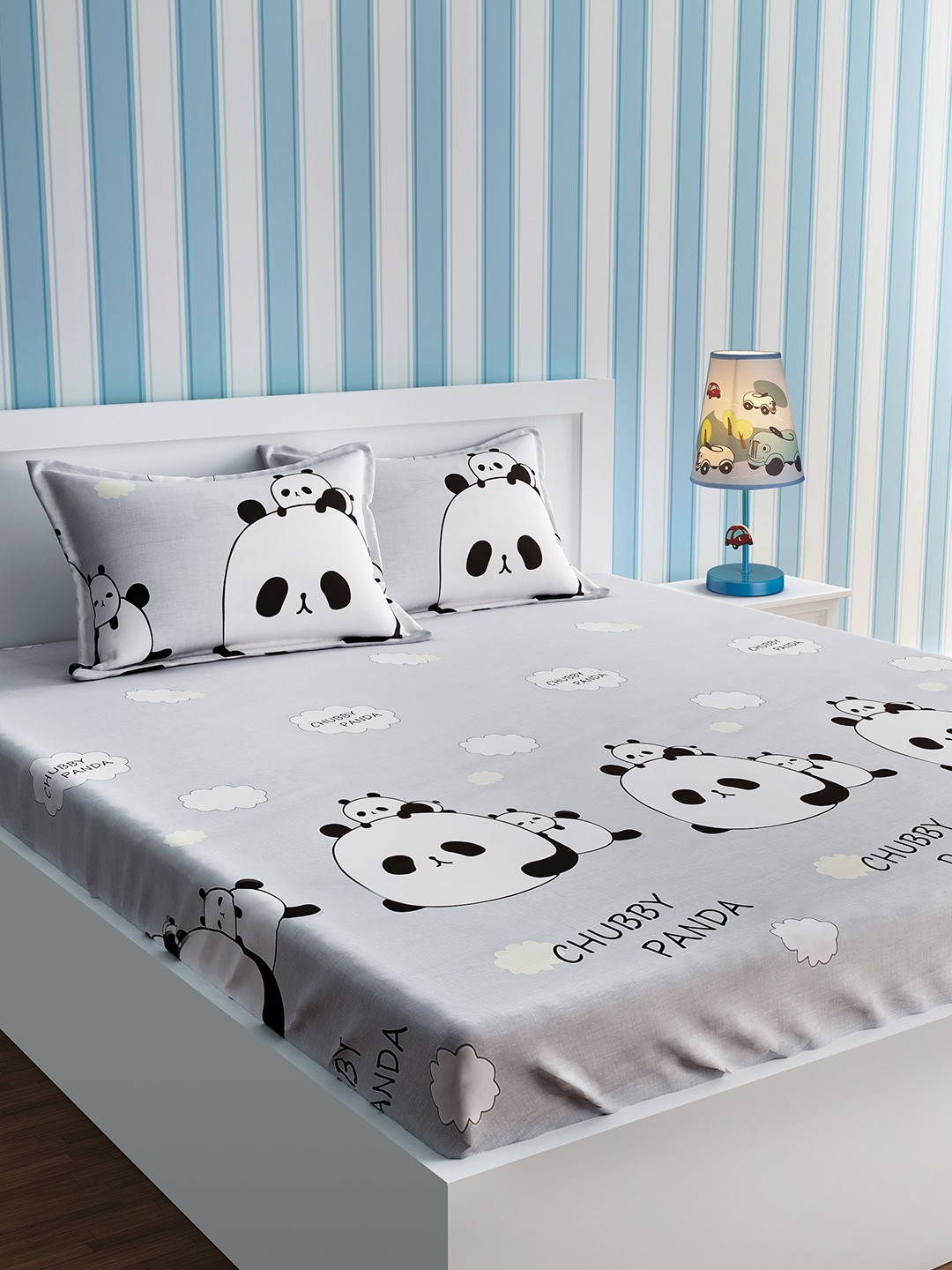 

URBAN DREAM Grey Cartoon Characters 210 TC Cotton 1 Queen Bedsheet with 2 Pillow Covers