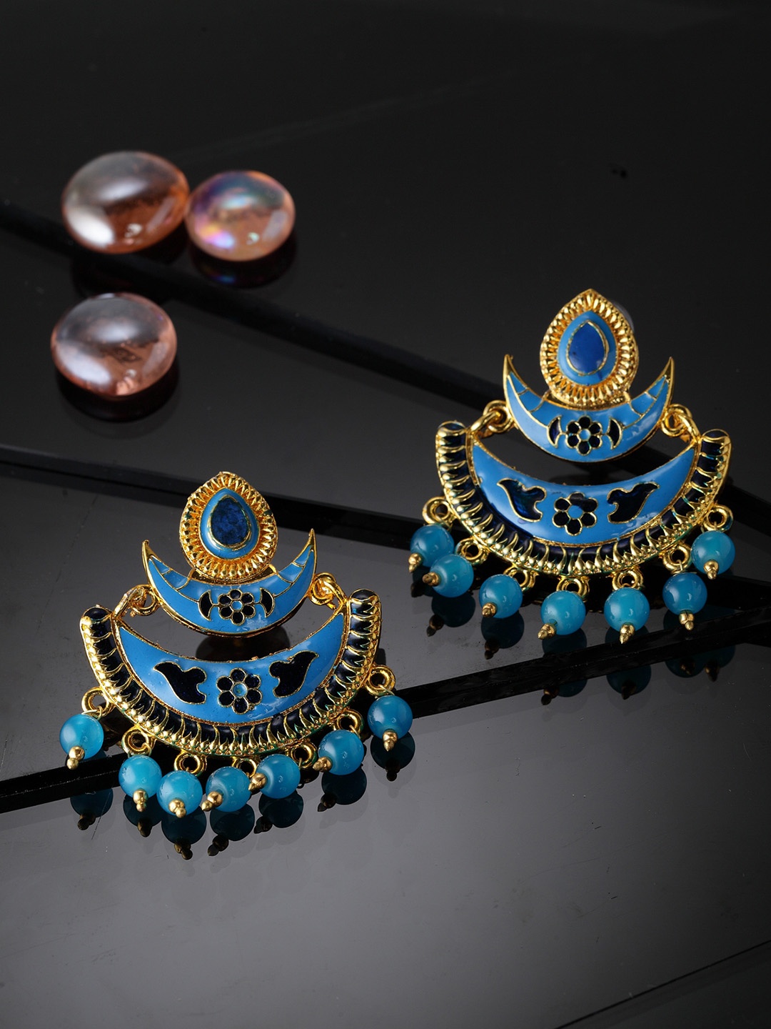 

Moedbuille Gold-Plated & Turquoise Blue Meenakari Crescent Shaped Chandbalis