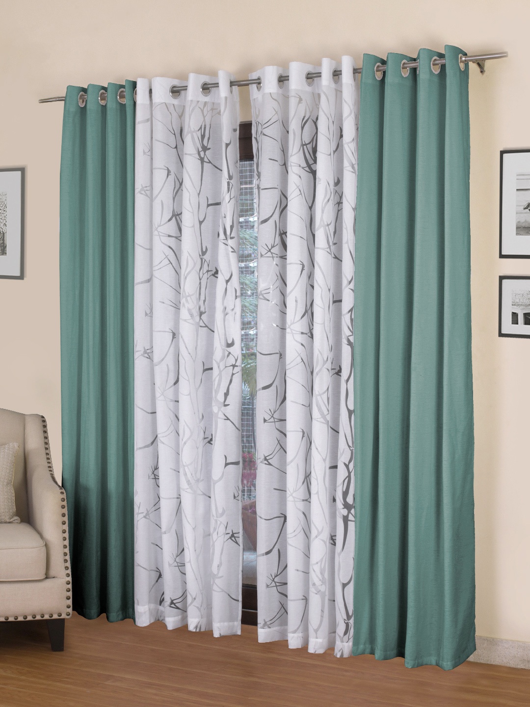 

ROSARA HOME Sea Green & White Set of 4 Door Curtains