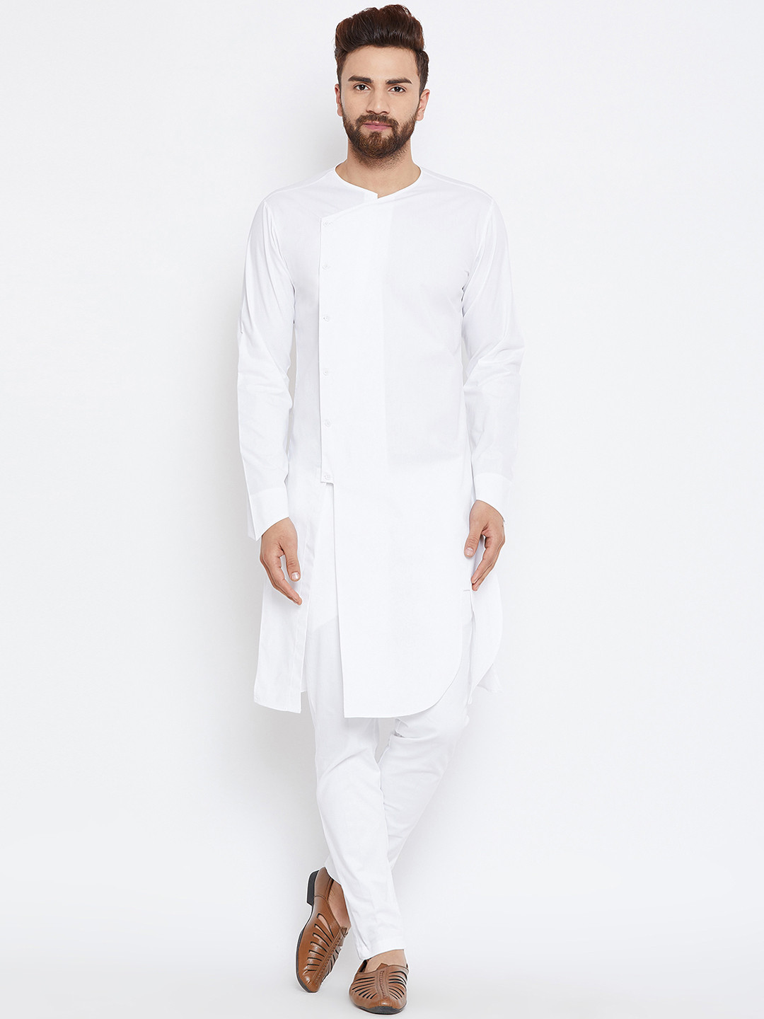 

See Designs Men White Solid Asymmetric Straight Kurta