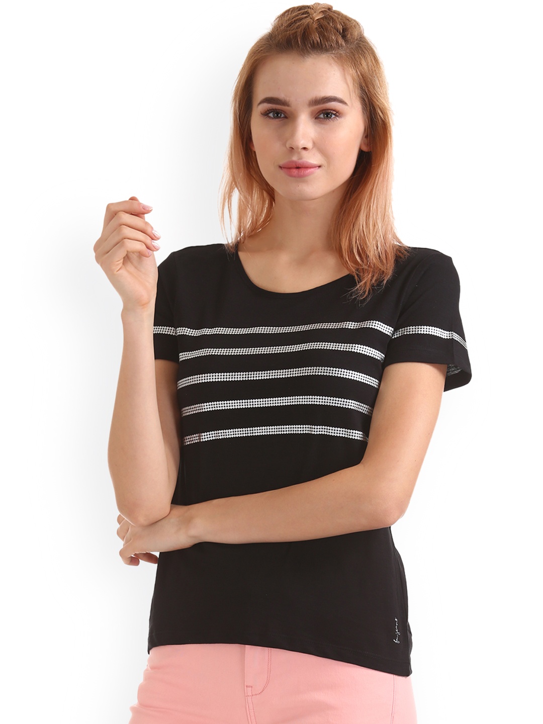 

Flying Machine Women Black Striped Round Neck Pure Cotton T-shirt