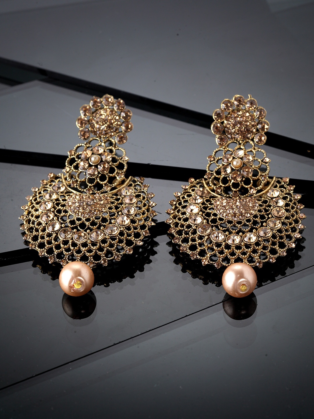 

Moedbuille Gold-Plated Oxidised CZ Studded Crescent Shaped Drop Earrings