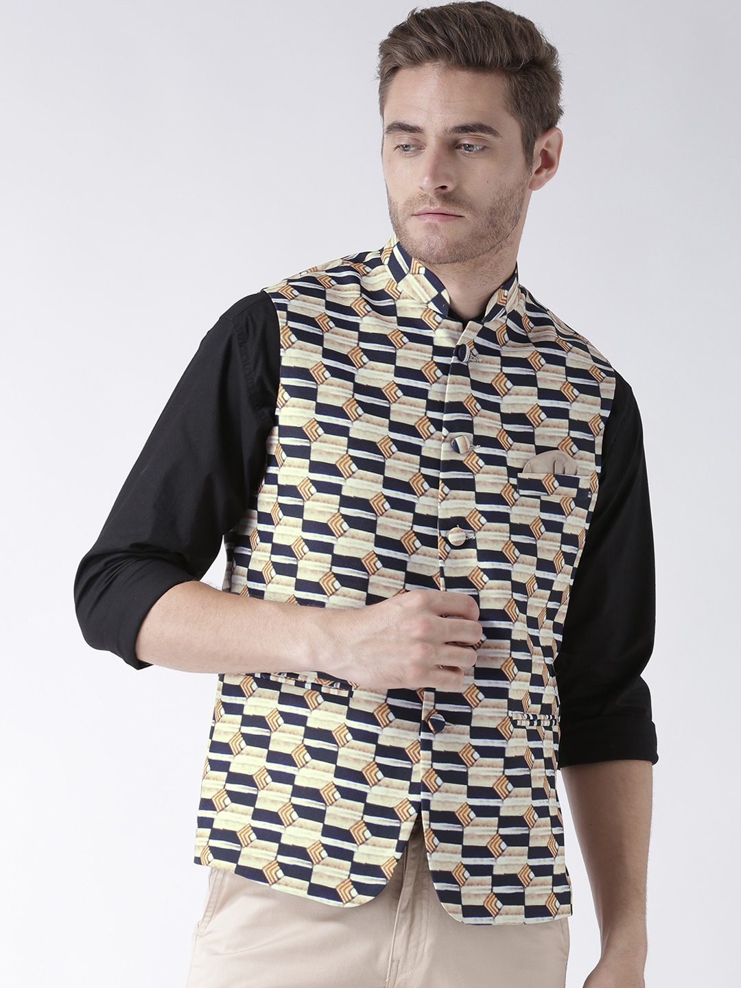 Hangup Men Beige & Navy Blue Printed Nehru Jacket