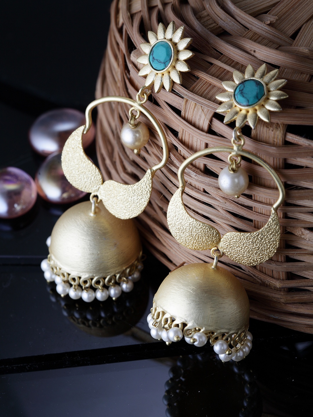 

Moedbuille Gold-Toned & Turquoise Blue Dome Shaped Jhumkas