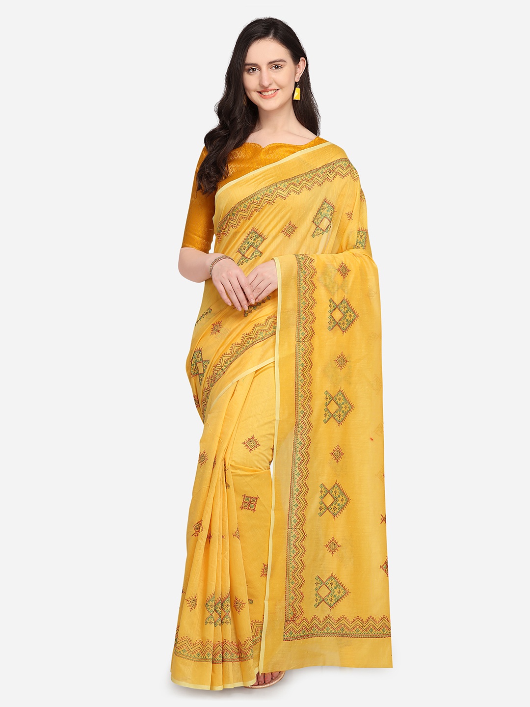 

Kvsfab Yellow Embroidered Cotton Blend Saree