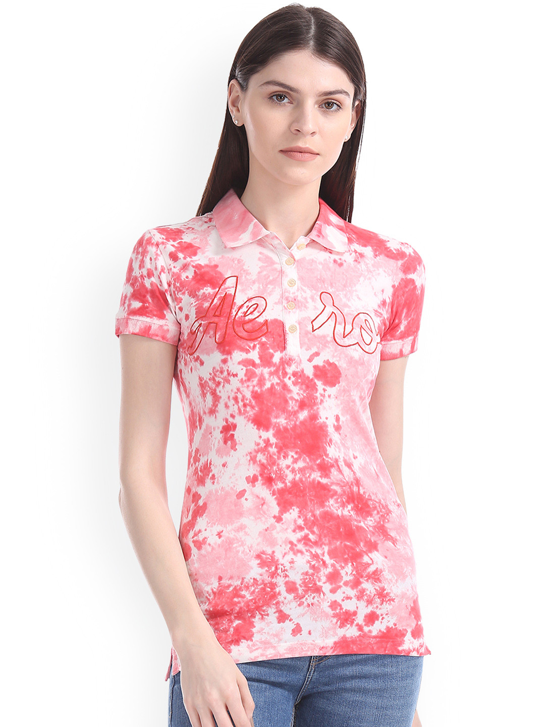 

Aeropostale Women Red Printed Polo Collar Pure Cotton T-shirt