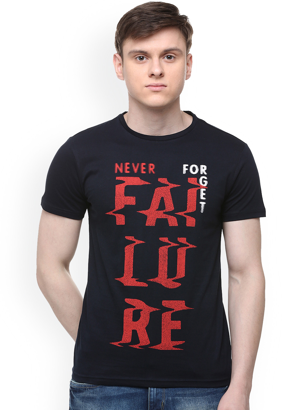 

People Men Navy Blue Printed Round Neck Pure Cotton T-shirt