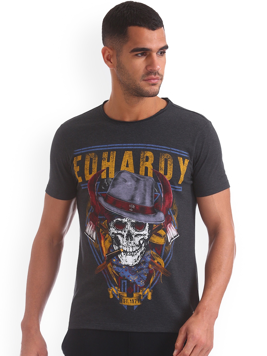 

Ed Hardy Men Grey Printed Slim Fit Round Neck T-shirt