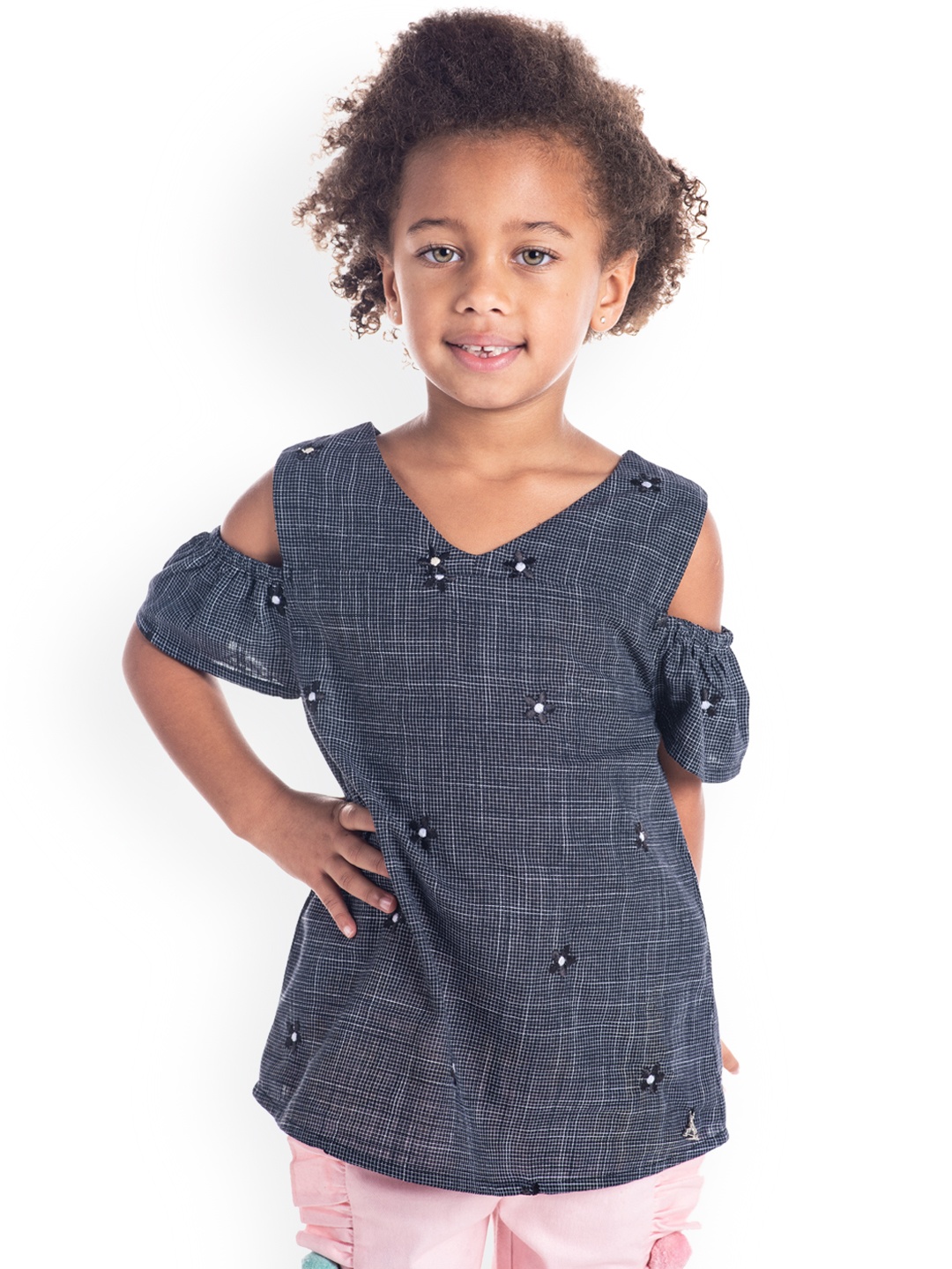 

Cherry Crumble Girls Grey Checked A-Line Cotton Top