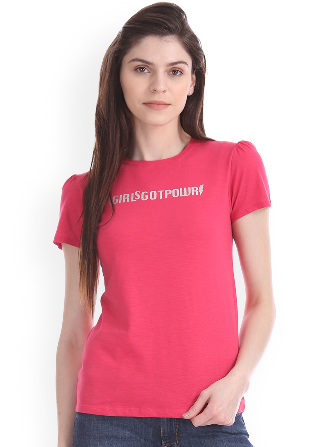 

Flying Machine Women Pink Printed Round Neck T-shirt