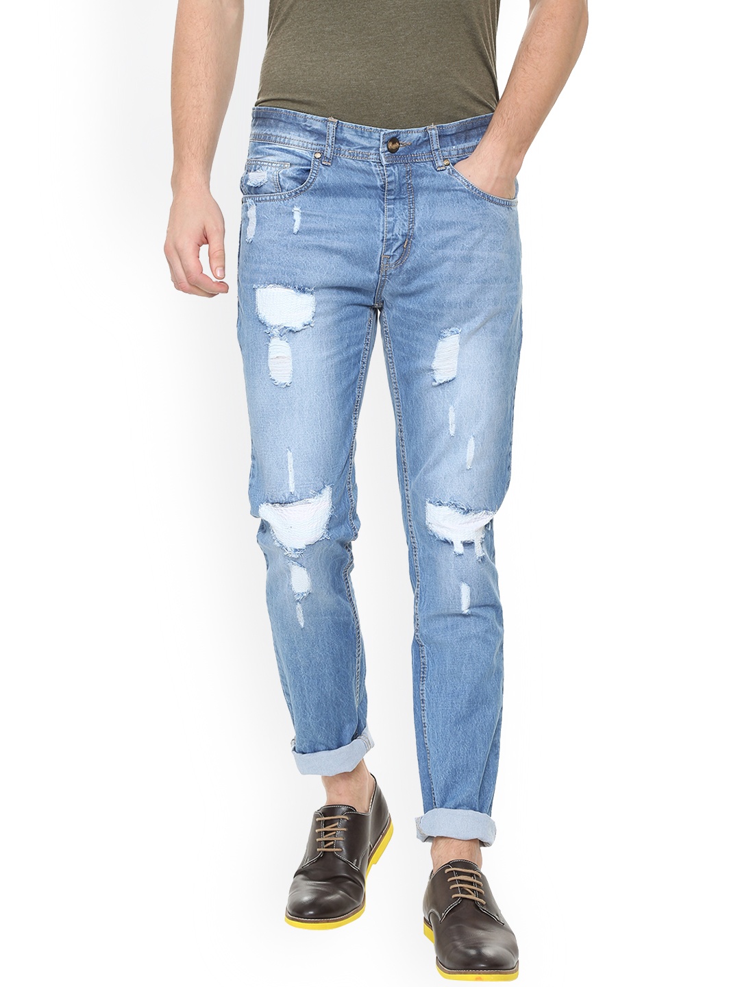 

People Men Blue Regular Fit Mid-Rise Highly Distressed Jeans