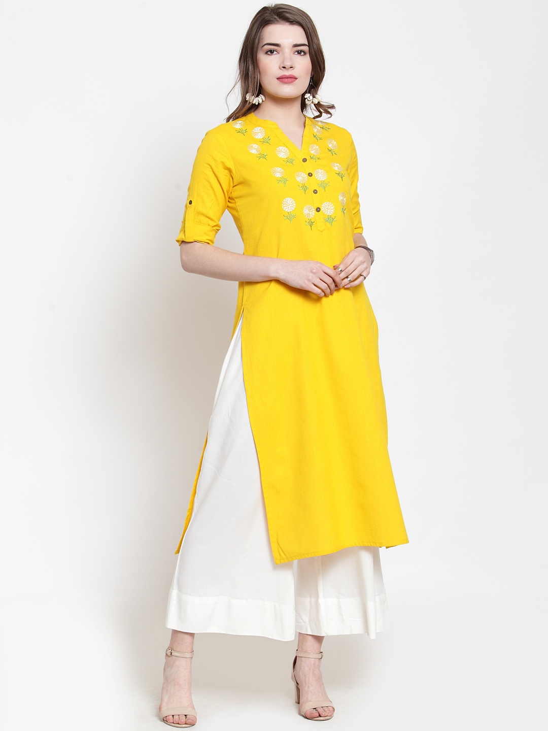 

Varanga Women Yellow & White Embroidered Kurta with Palazzos