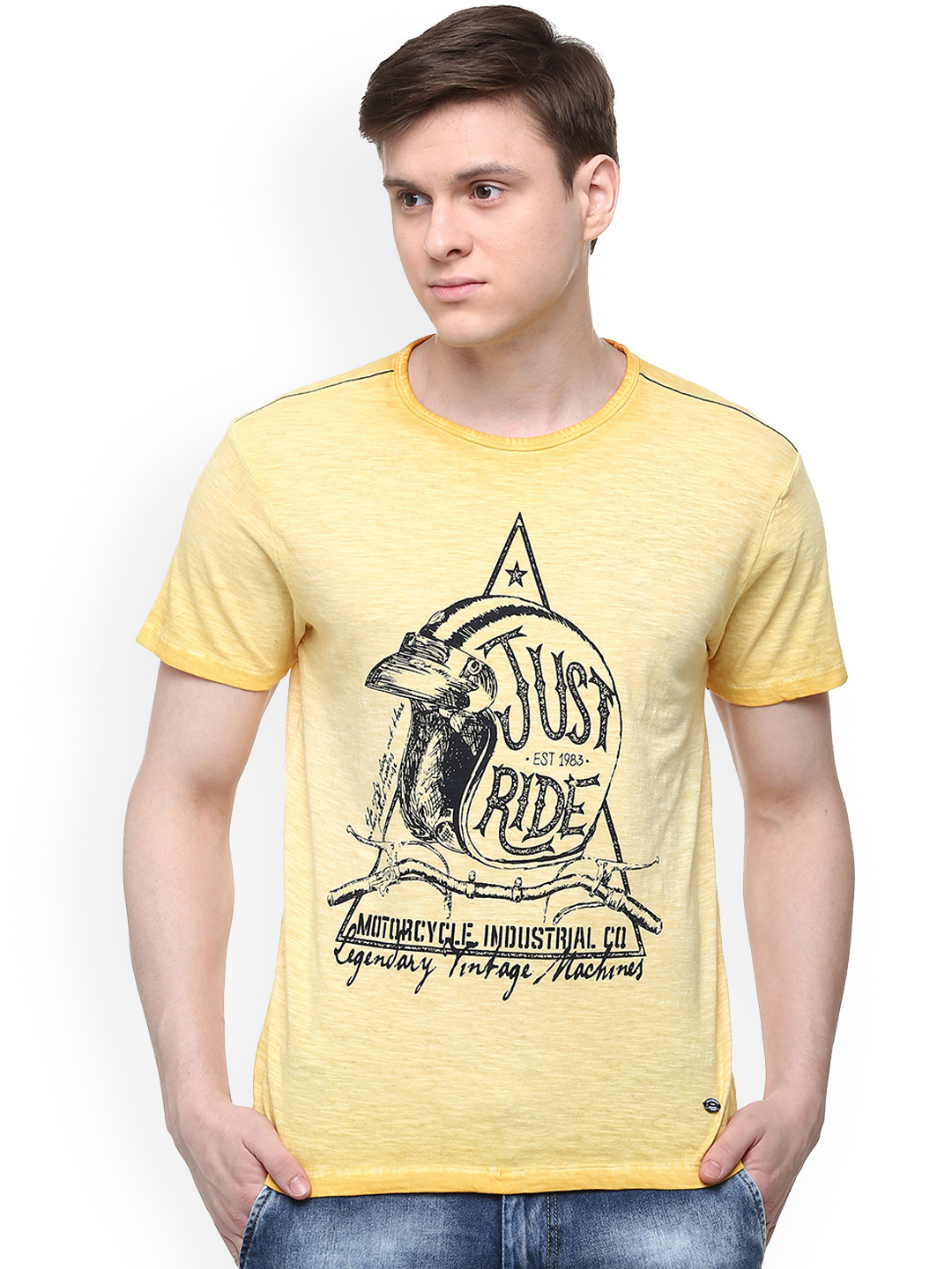 

People Men Yellow Printed Round Neck Pure Cotton T-shirt