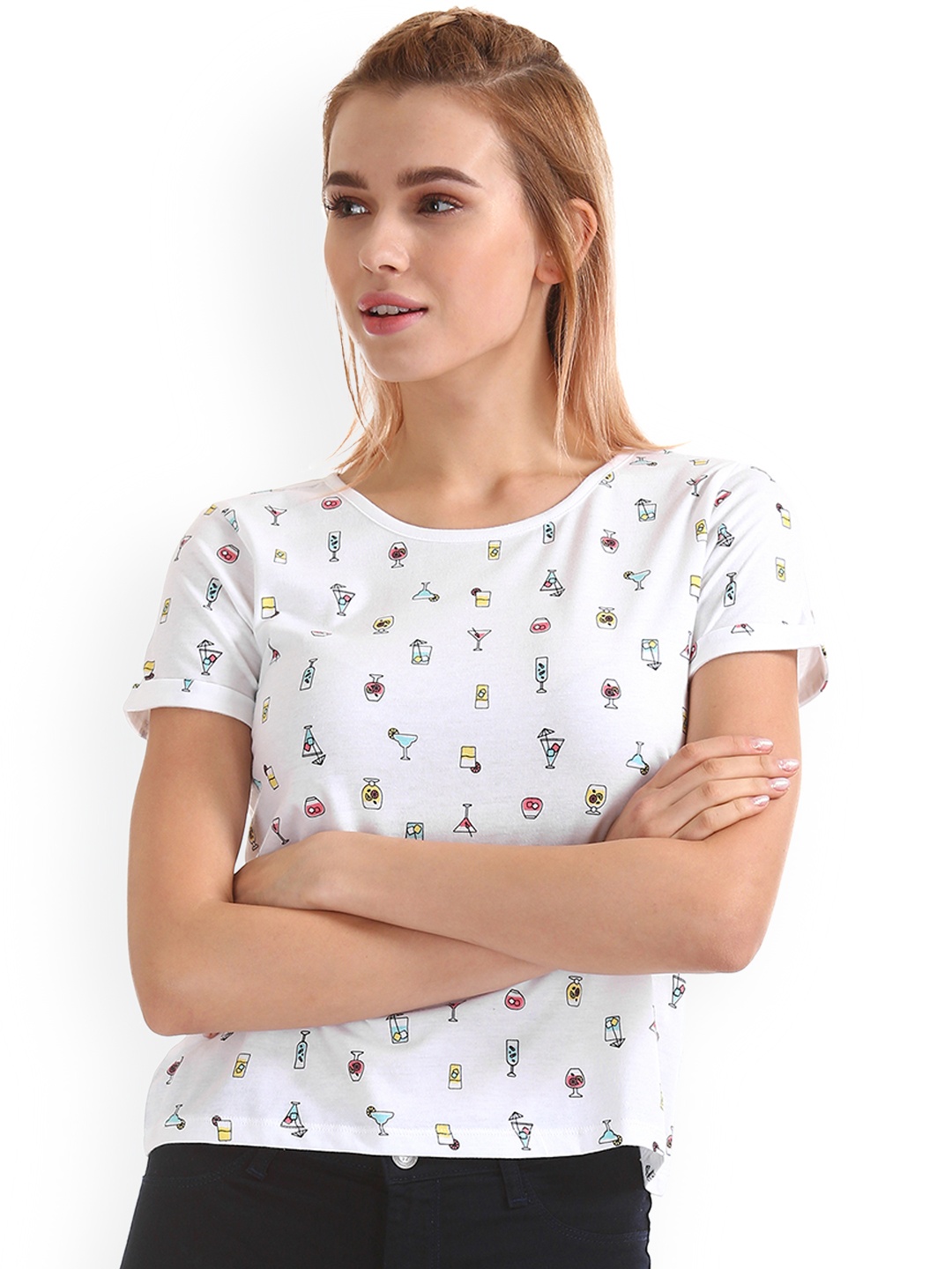 

Flying Machine Women White Printed Round Neck Pure Cotton T-shirt