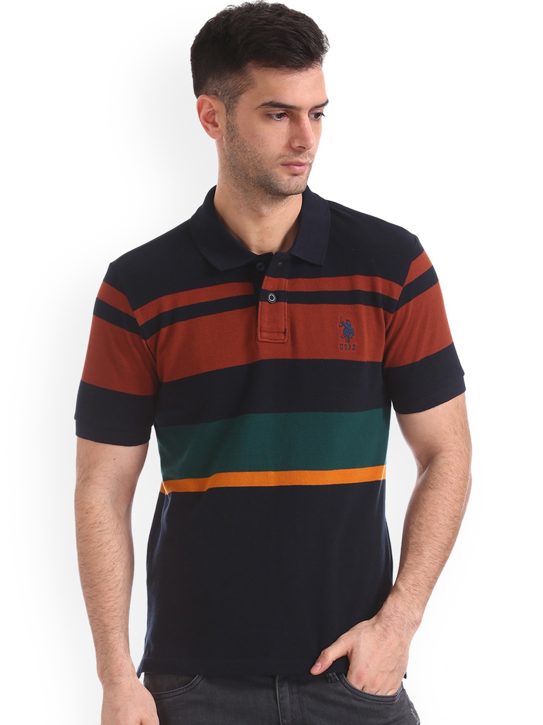 U.S. Polo Assn. Men Navy Blue Striped Polo Collar Pure Cotton T-shirt