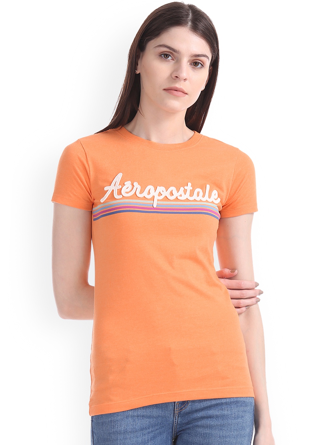 

Aeropostale Women Orange Printed Round Neck T-shirt