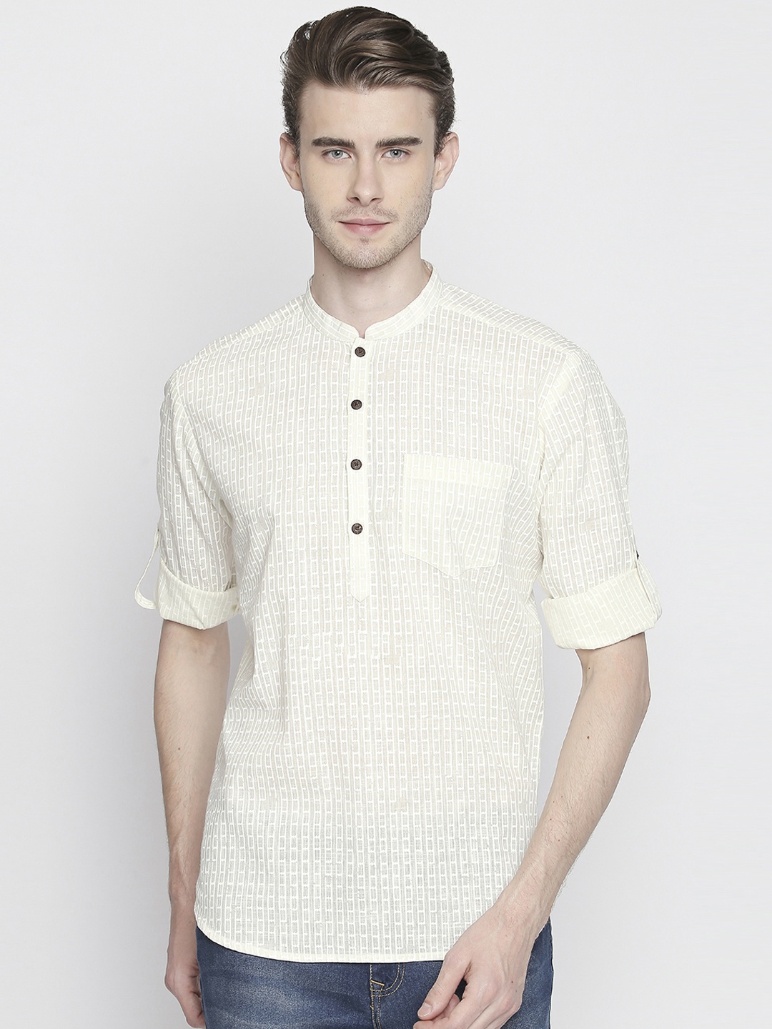 

indus route by Pantaloons Men Off-White Printed Straight Kurta