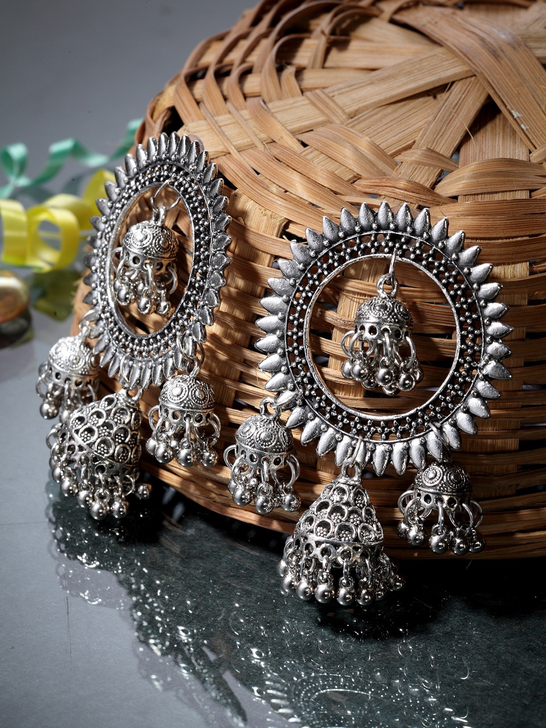 

Moedbuille Silver-Plated Oxidised Circular Jhumkas
